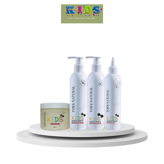 Set of Toms Natural Kids hair care products on a white background with a brand logo above.