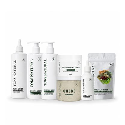 Collection of Toks Natural hair care products on a white background