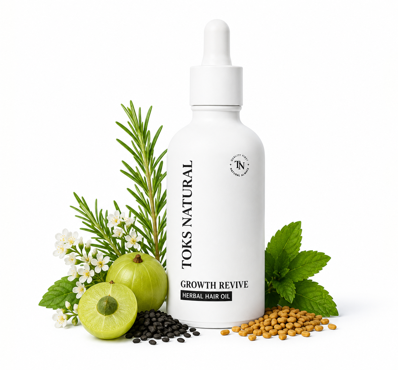 A white dropper bottle labeled 'Toks Natural Growth Revive Herbal Hair Oil' styled with green herbs, seeds, and small white flowers on a clean white background.