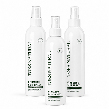 Three bottles of Toks Natural hydrating hair spray on a white background