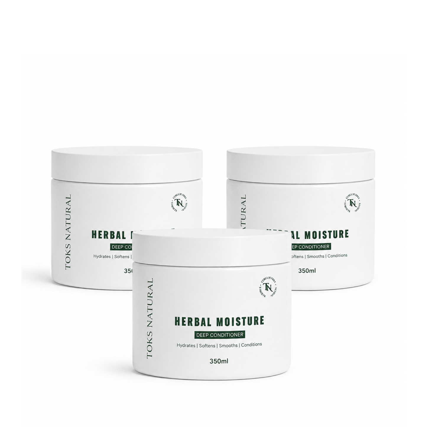 Three jars of toks natural Herbal Moisture Deep Conditioner on a white background