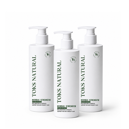 Three bottles of Toks Natural Herbal Strength product on a white background