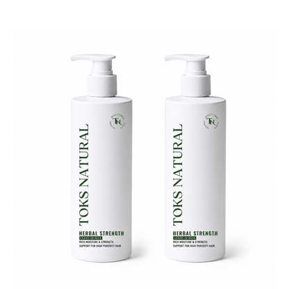 Two bottles of Toks Natural Herbal Strength hair care product on a white background