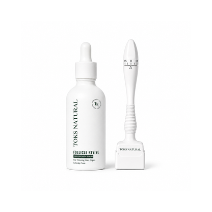 Tons Natural Follicle Revive hair growth care set, featuring a white dropper bottle and a white silicone follicle stimulator tool on a clean white background.