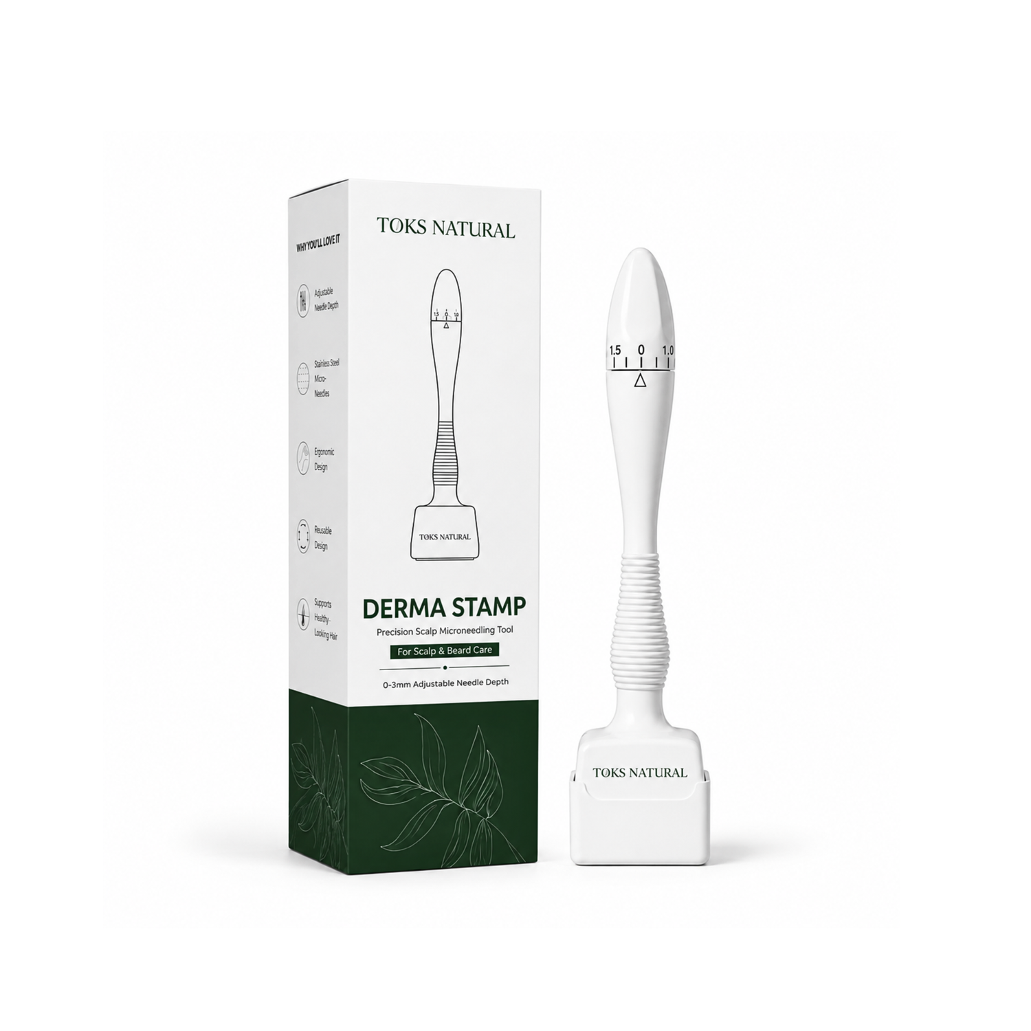 A white Toks Natural derma stamp standing next to its white and dark green retail box on a clean white background.