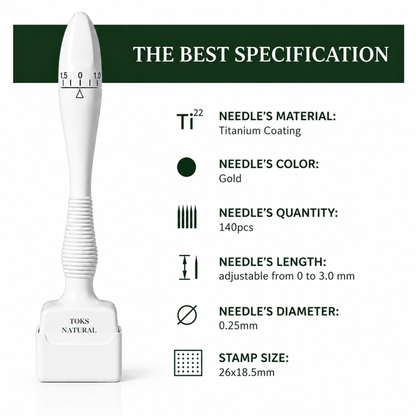 A white TORS Natural tattoo stamp with an adjustable handle and a gold-colored needle tip, shown next to a specification list detailing the titanium-coated needle, 140 gold needles, adjustable length from 0 to 3.0 mm, and 26x18.