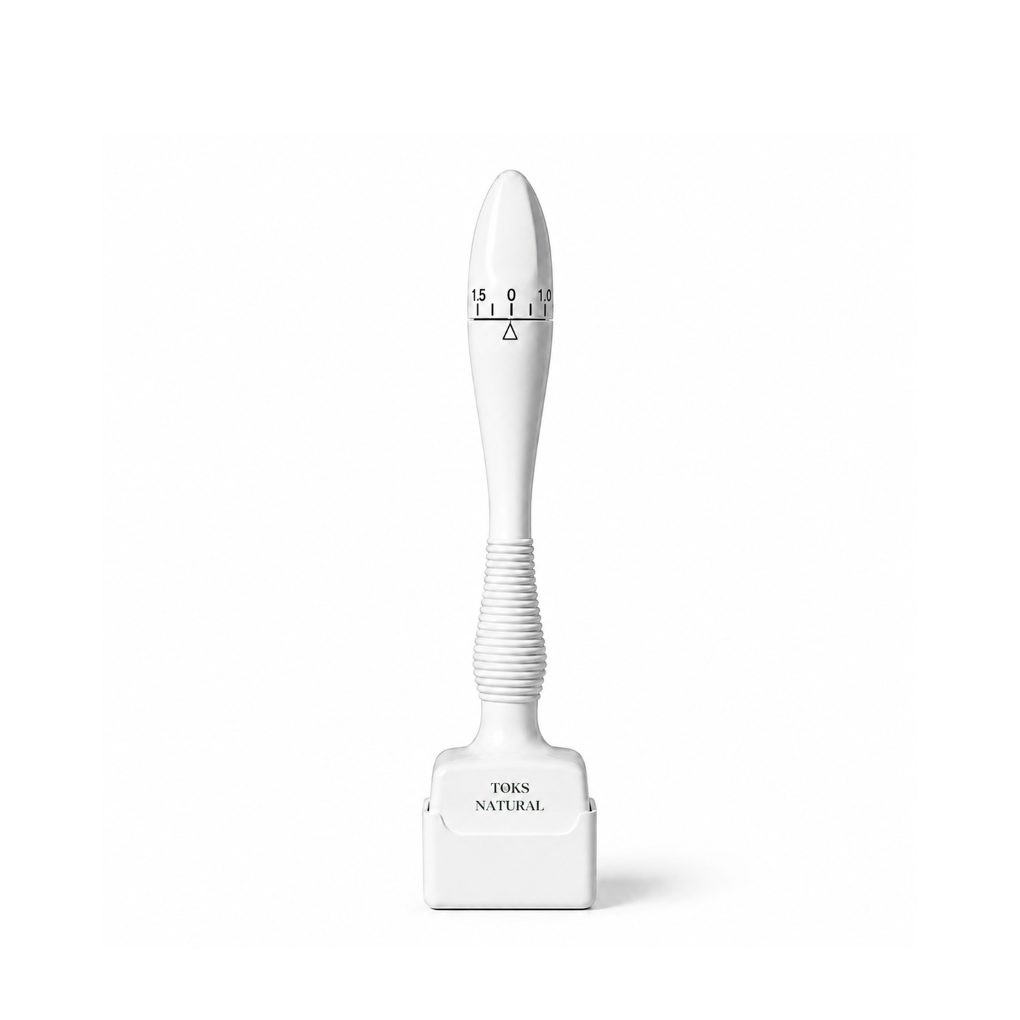 A white manual eyelash extension application tool with a screw-adjustable timer and a flat rectangular base, shown on a clean white background.