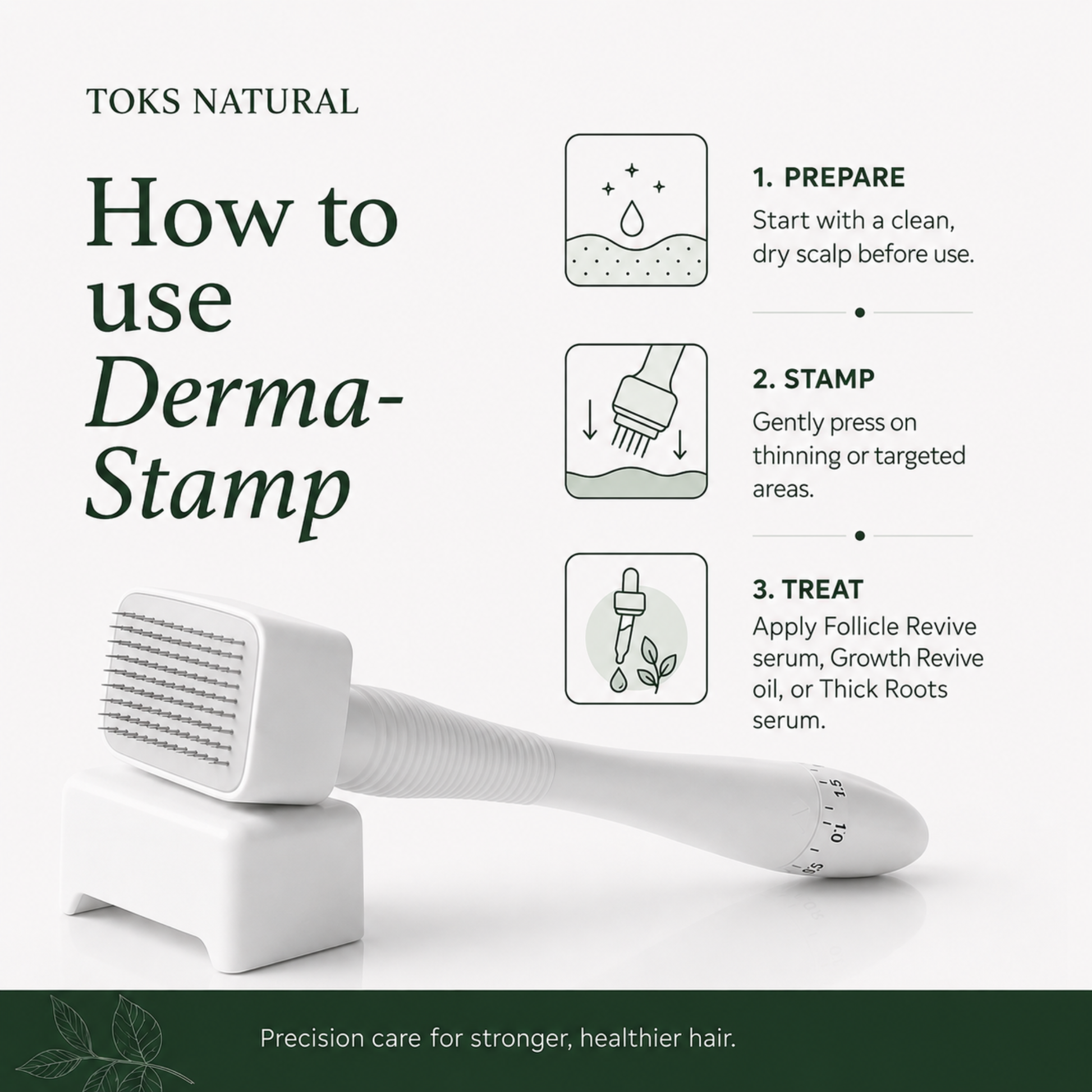 Toks Natural Derma-Stamp hair care tool shown on a white background with usage instructions: prepare a clean scalp, stamp gently on thinning or targeted areas, and treat with serum or growth revivie oil.