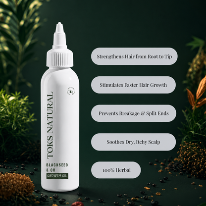 Toks Natural Blackseed & Co growth oil bottle with text on a dark background