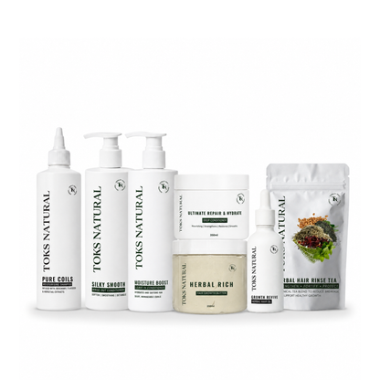 Collection of TONS NATURAL hair care products on a white background