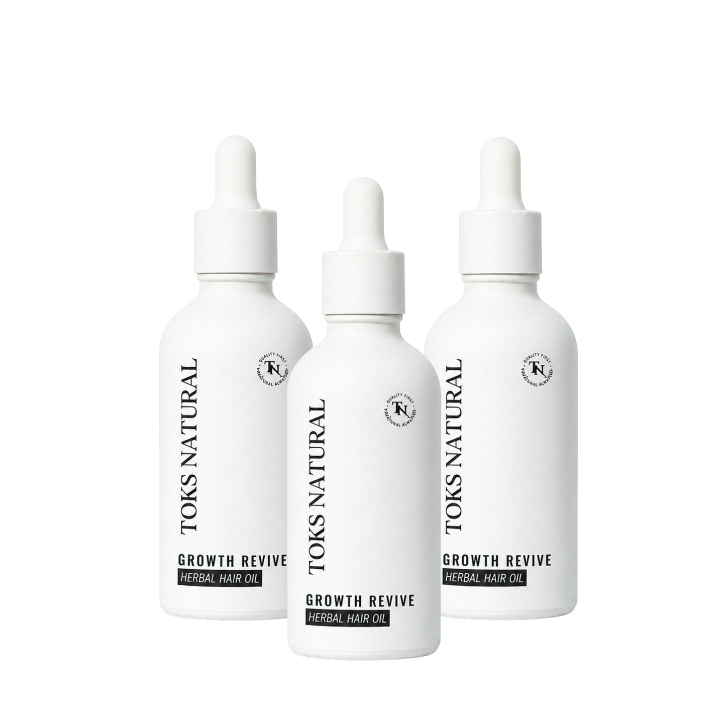 Three bottles of Toks Natural Growth Revive Herbal Hair Oil on a white background