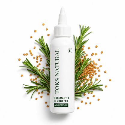 Toks Natural Rosemary & Fenugreek Growth Oil bottle with rosemary leaves and seeds on a white background