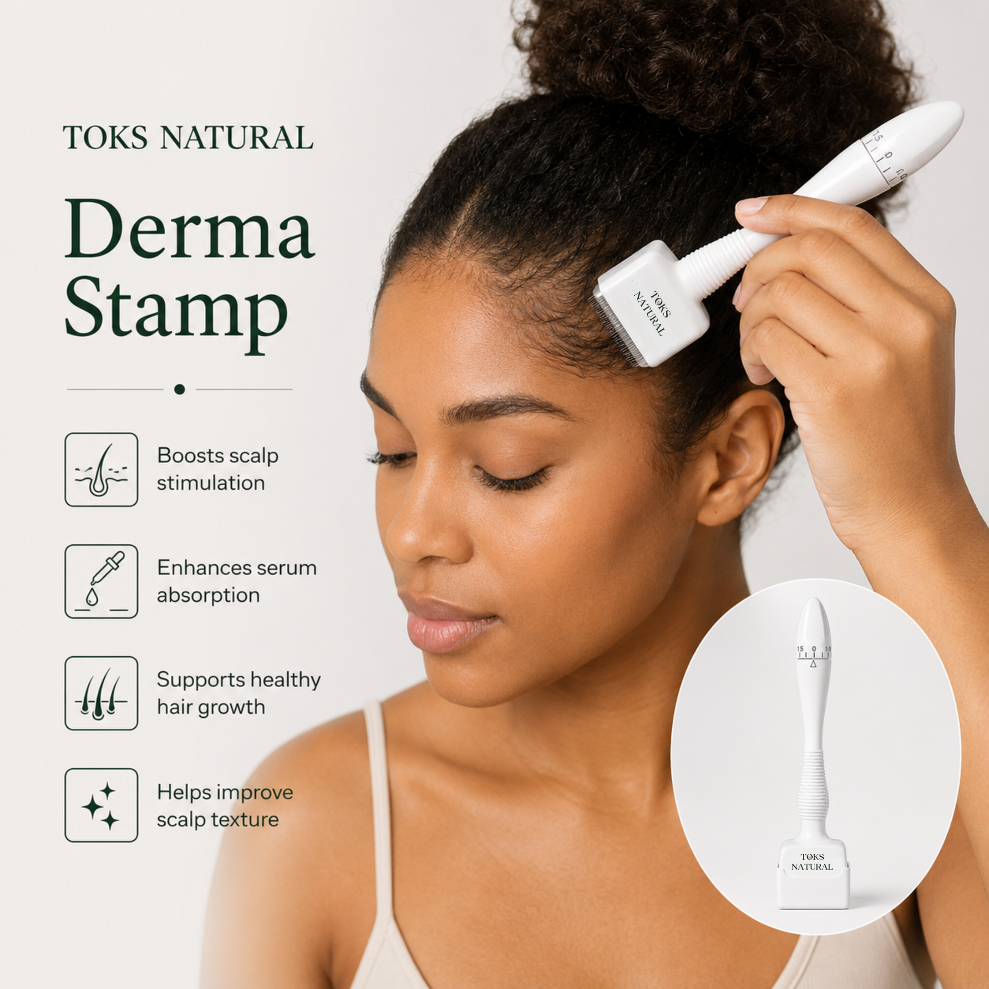 A woman applies a white TKS Natural Derma Stamp to her scalp, with product text and feature icons on the left and a circular inset showing the stamp close-up.