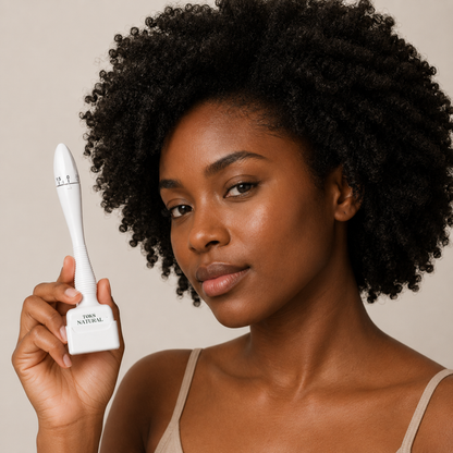 A woman with voluminous dark curly hair holds a white TORSO NATURAL hair extension attachment tool against a warm beige background.