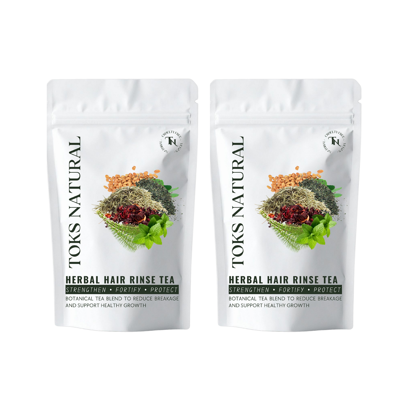 Two packages of Toks Natural Herbal Hair Rinse Tea on a white background