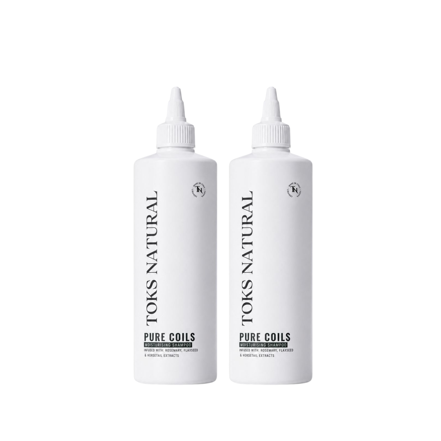 Two white bottles of Toks Natural Pure Coils on a white background