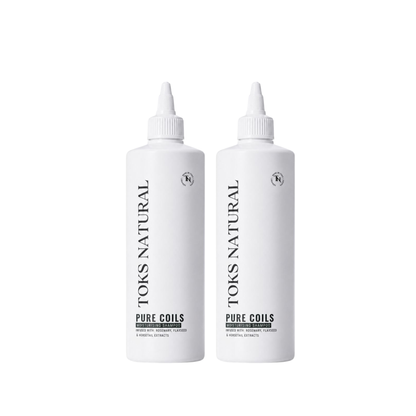 Two white bottles of Toks Natural Pure Coils on a white background