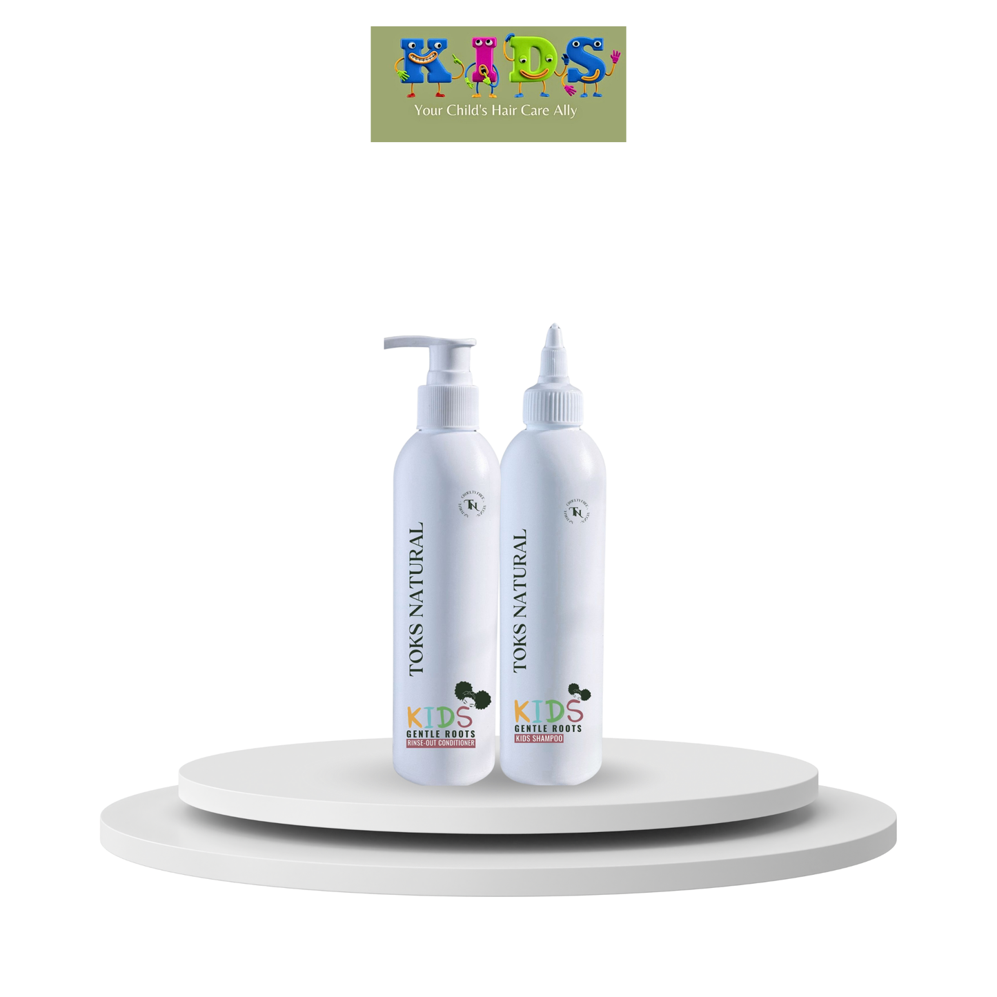 Two bottles of Kids Natural hair care products on a white platform with a brand logo above.
