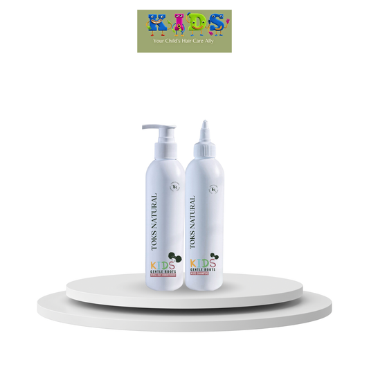 Two bottles of Kids Natural hair care products on a white platform with a brand logo above.