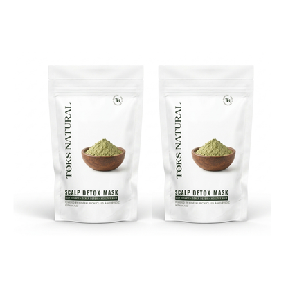 Two white stand-up pouches of Toks Natural Scalp Detox Mask displayed side by side on a clean white background.