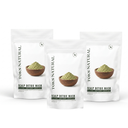 Three stand-up pouches of Toks Natural Scalp Detox Mask arranged in a triangular studio composition on a white background. Each white pouch shows a bowl of green powder and product text.