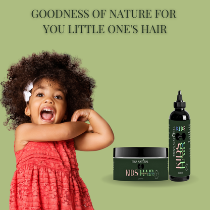 A clear bottle of Kids’ Hair Growth Oil placed next to a jar of Kids’ Hair Growth Butter, surrounded by natural ingredients like shea butter, coconut oil, and herbs on a white countertop.