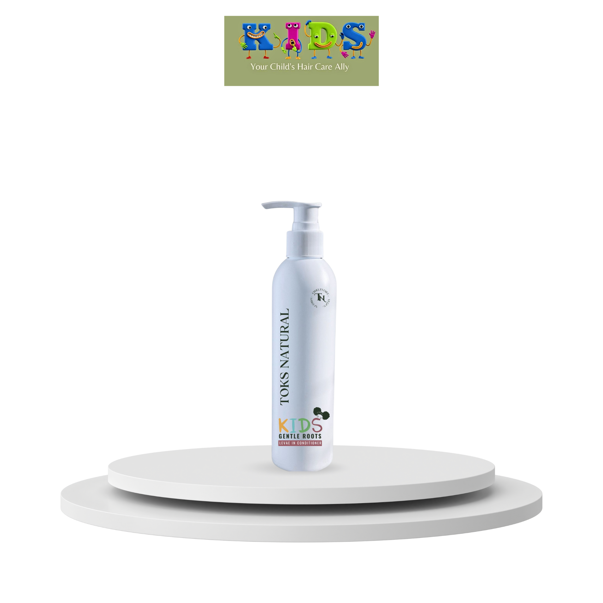 White bottle with pump on a white platform, featuring 'KIDS' branding.