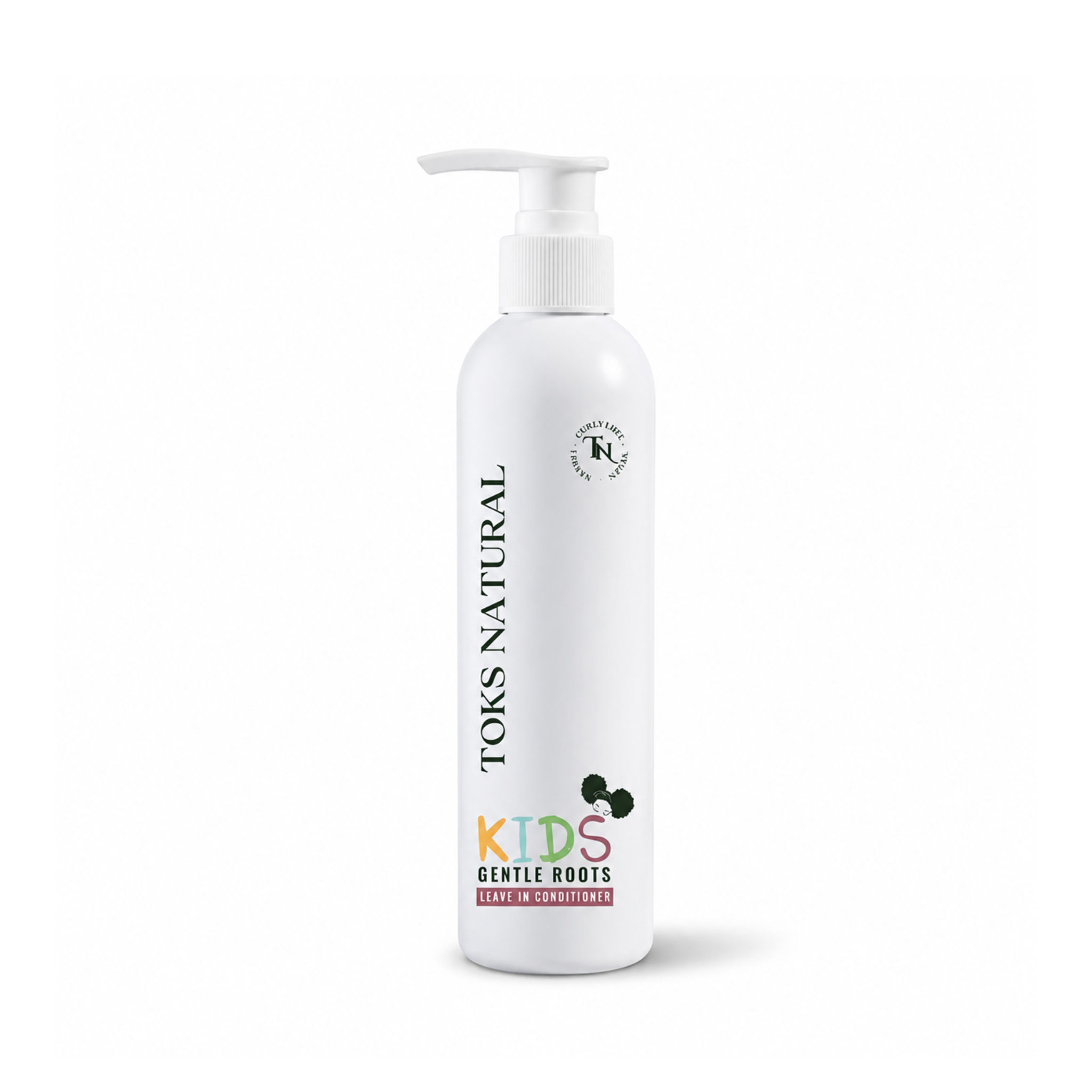 White bottle of Toms Natural Kids Gentle Roots hair care product on a white background