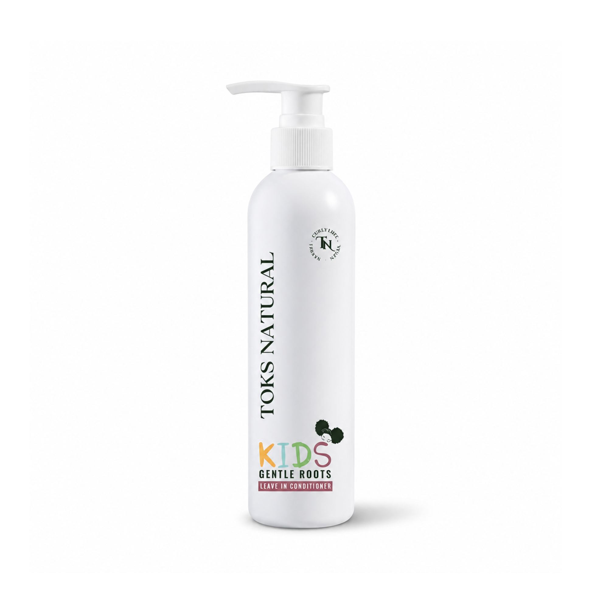 White bottle of Toms Natural Kids Gentle Roots hair care product on a white background