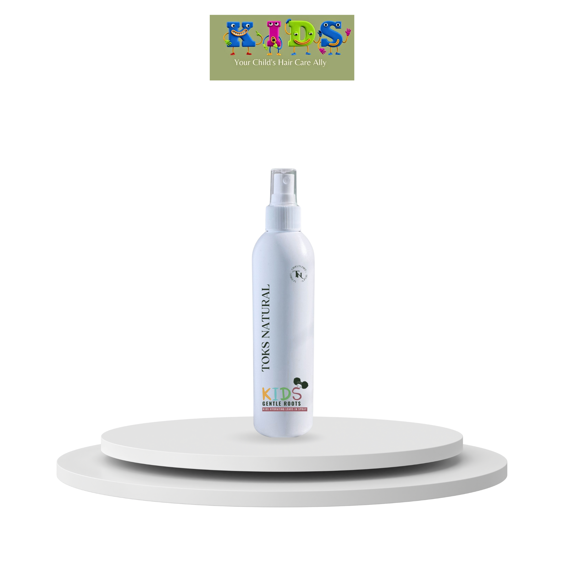 Toko Natural Kids bottle on a white platform with a colorful logo in the corner.