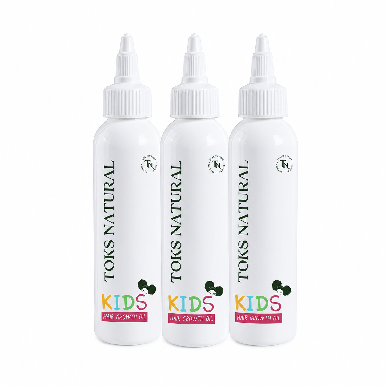 Three bottles of Toks Natural Kids Hair Growth Oil on a white background
