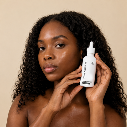 Woman holding a bottle of skincare product against a beige background
