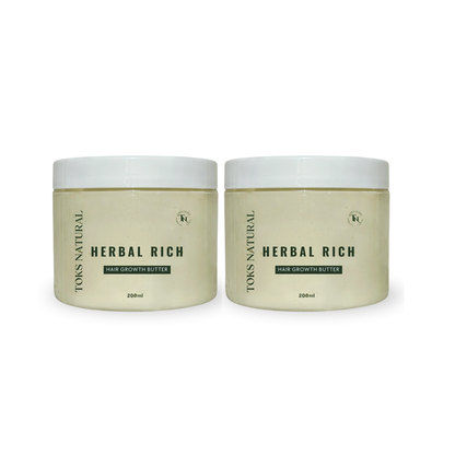 Two jars of Toms Natural Herbal Rich Hair Growth Butter on a white background