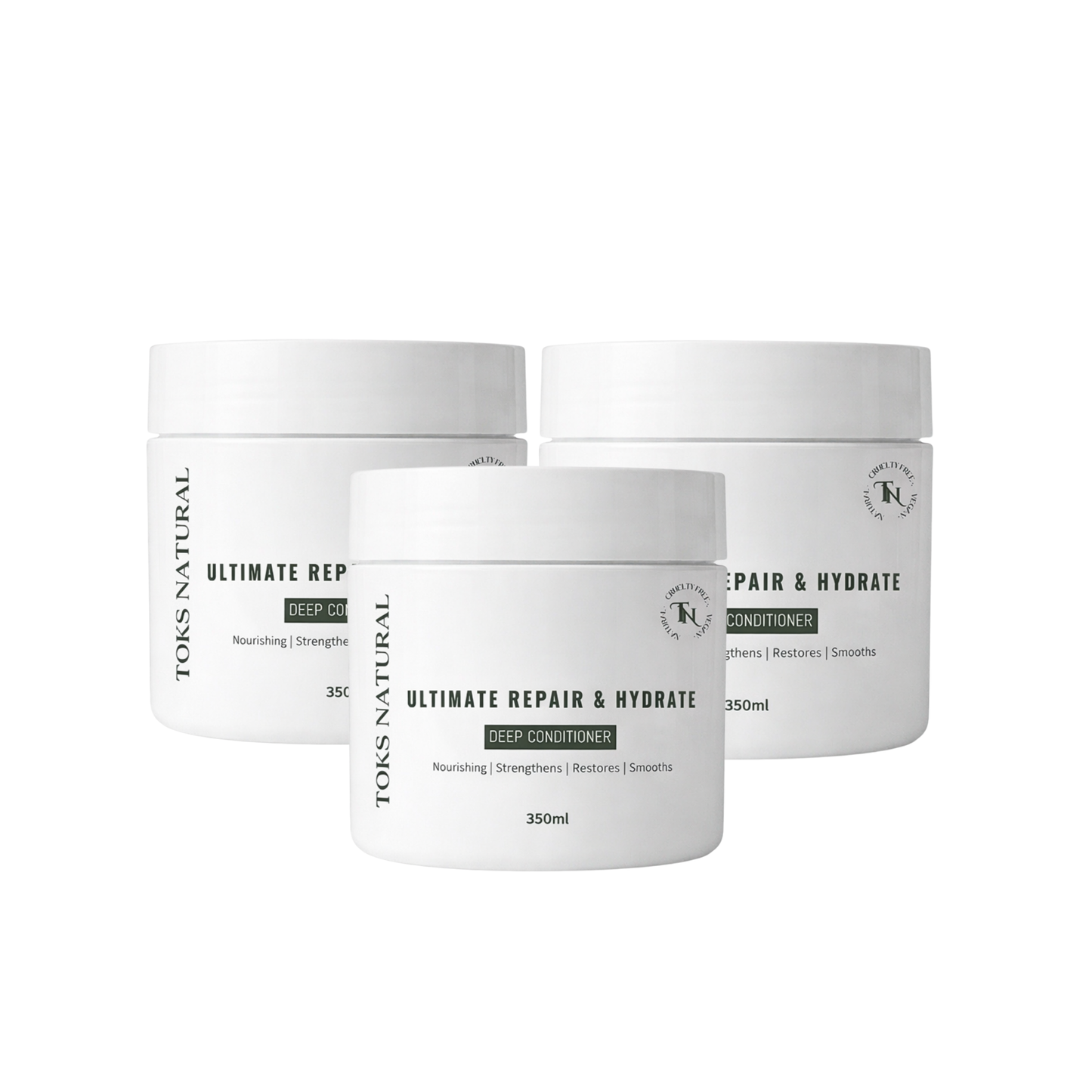 Three jars of TONS Natural hair care products on a white background