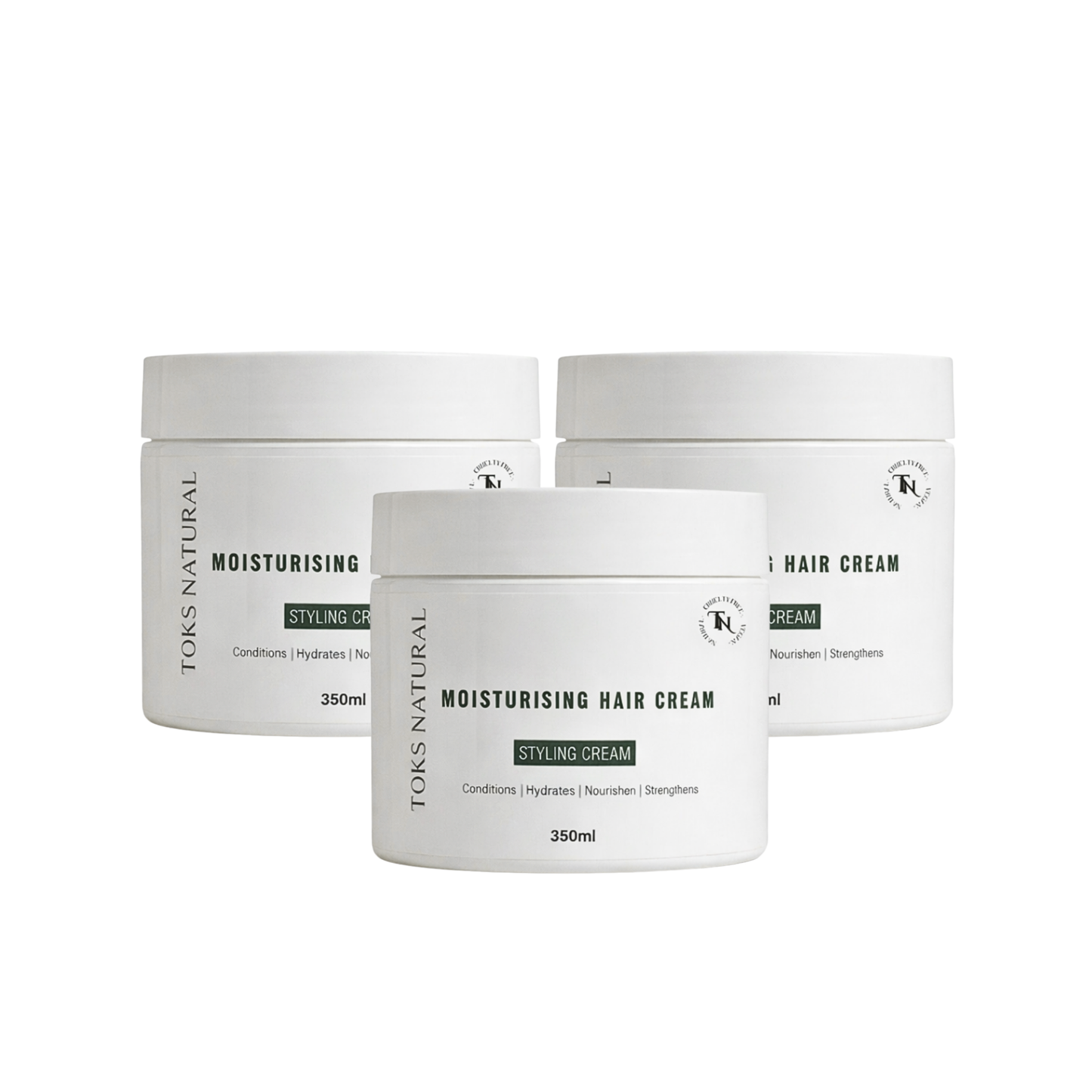 Three jars of Toms Natural Moisturising Hair Cream on a white background