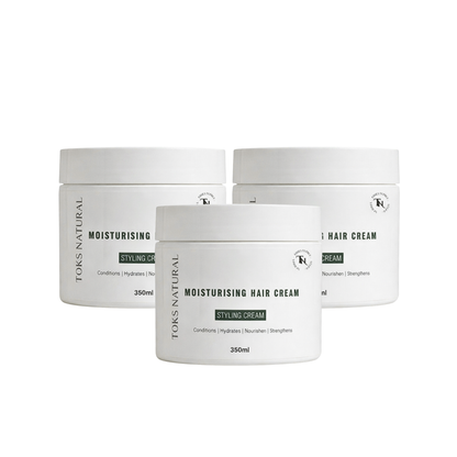 Three jars of Toms Natural Moisturising Hair Cream on a white background