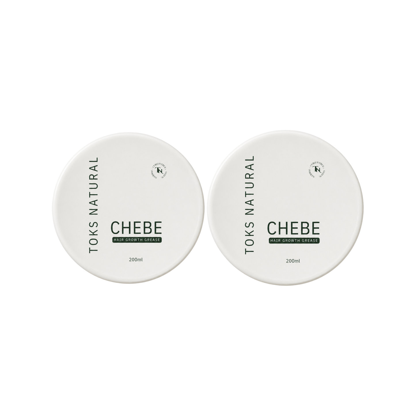 Two containers of Toks Natural Chebe hair conditioning cream on a white background
