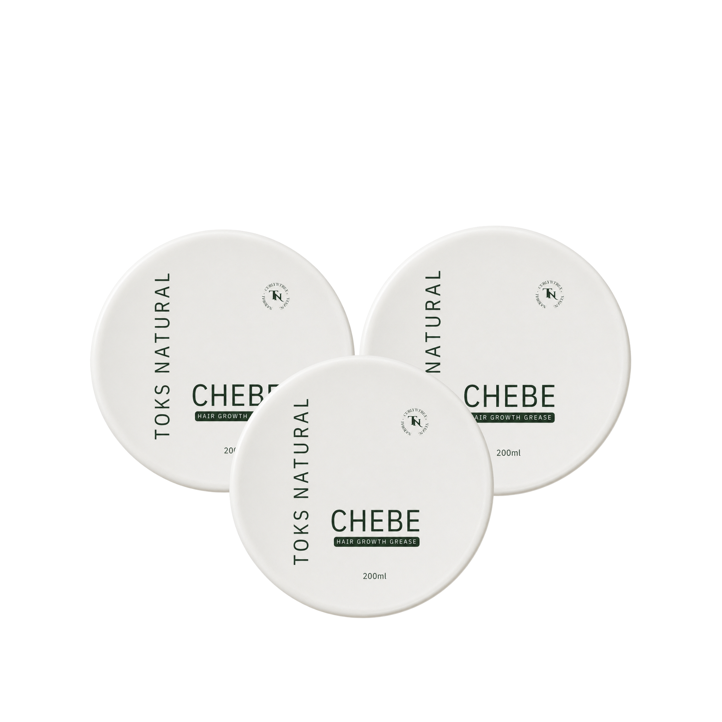 Three white containers labeled 'Toks Natural Chebe' on a white background