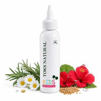 Toks Natural Kids hair growth oil bottle with natural elements on a white background
