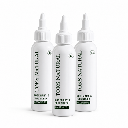 Three bottles of Toks Natural Rosemary & Fenugreek Growth Oil on a white background