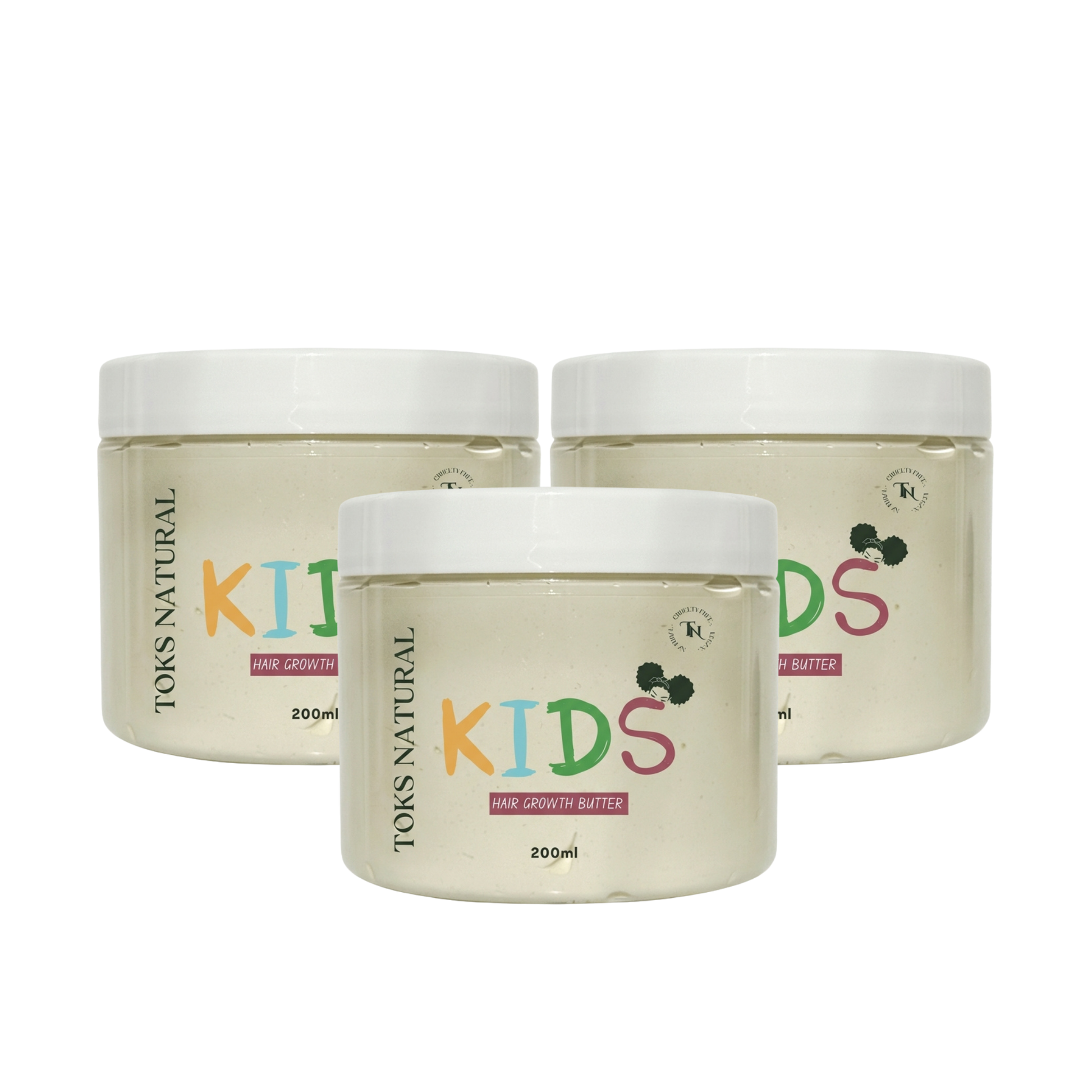 Three jars of Toks Natural Kids hair care products on a white background