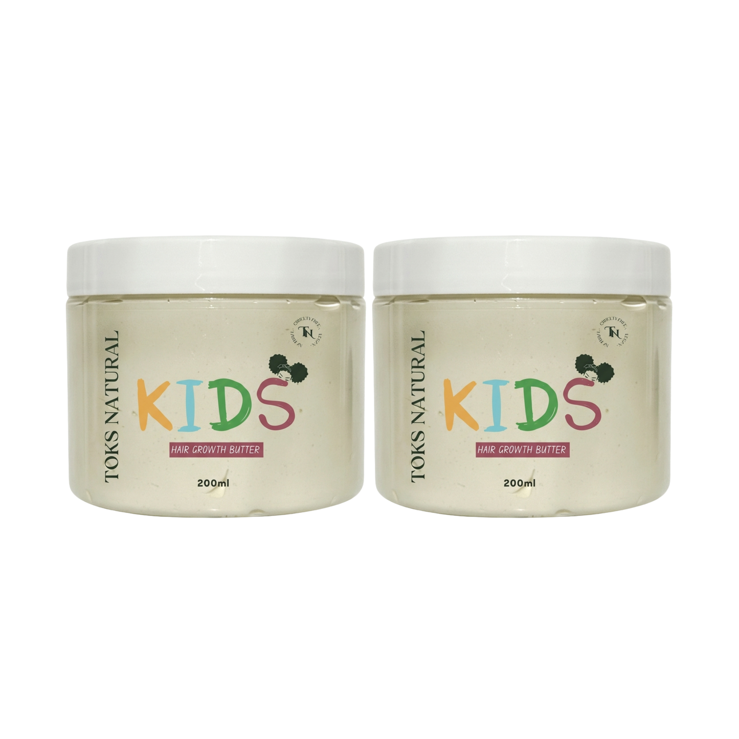 Two jars of Toms Natural Kids hair growth butter on a white background