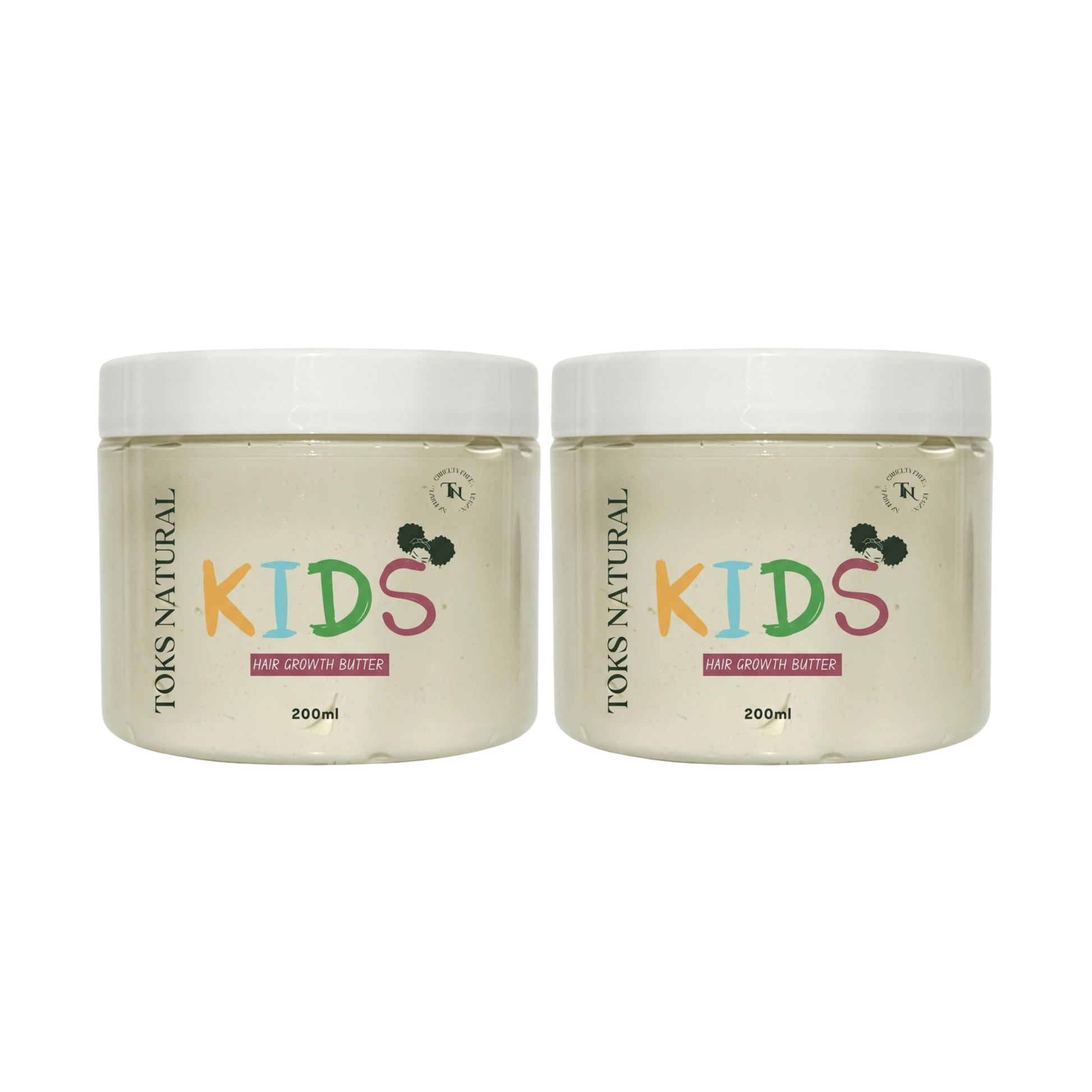 Two jars of Toms Natural Kids hair growth butter on a white background