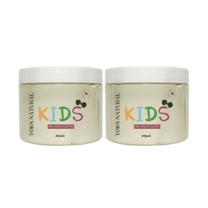 Two jars of Toms Natural Kids hair growth butter on a white background