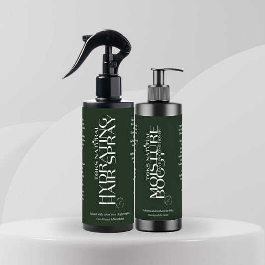 Hydrate & Boost Hair Duo for daily moisture and frizz control, Hydrating hair spray and leave-in conditioner set for curly hair.