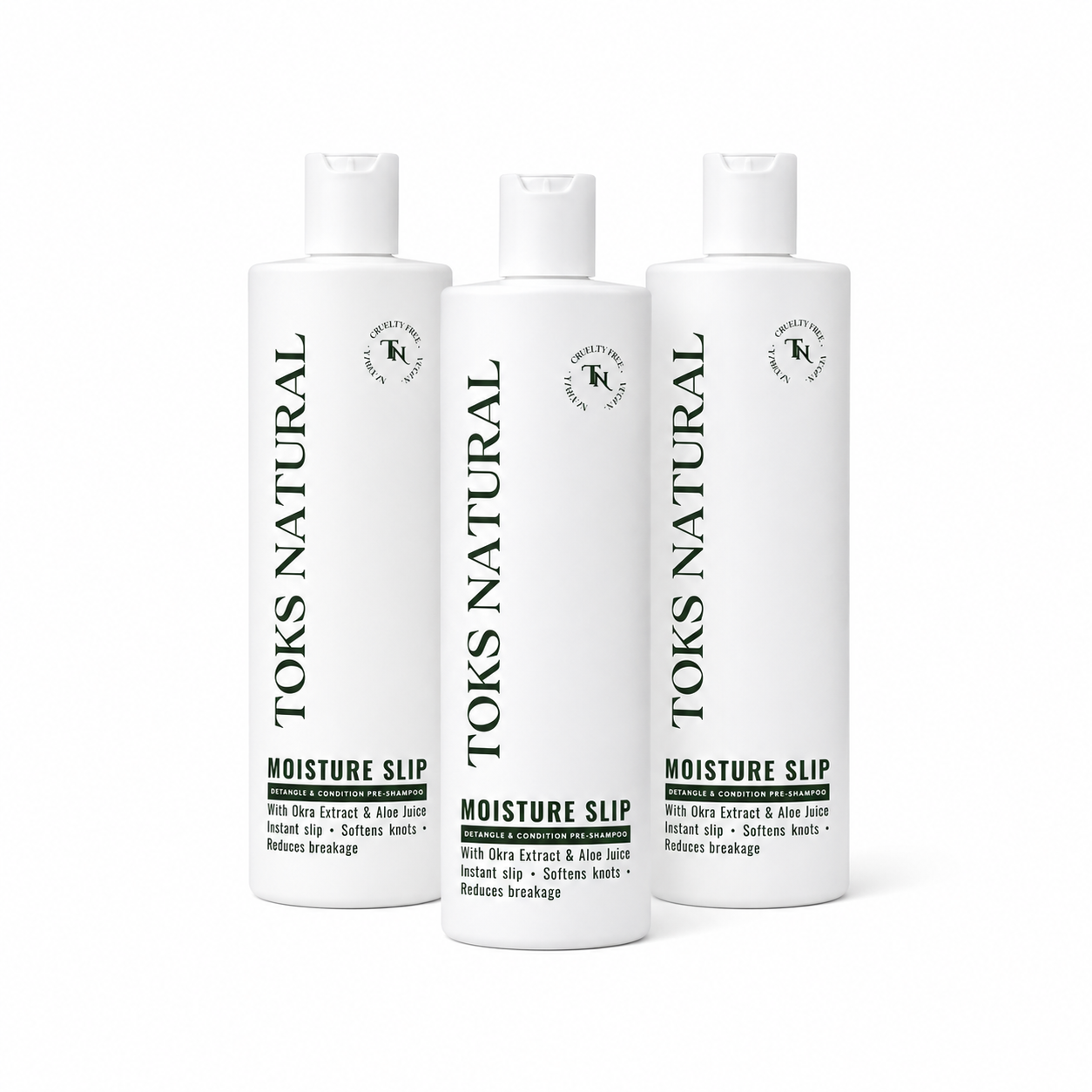 Three bottles of TOKS Natural Moisture Slip on a white background