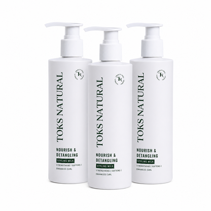 Three bottles of Toks Natural Nourish & Detangling product on a white background