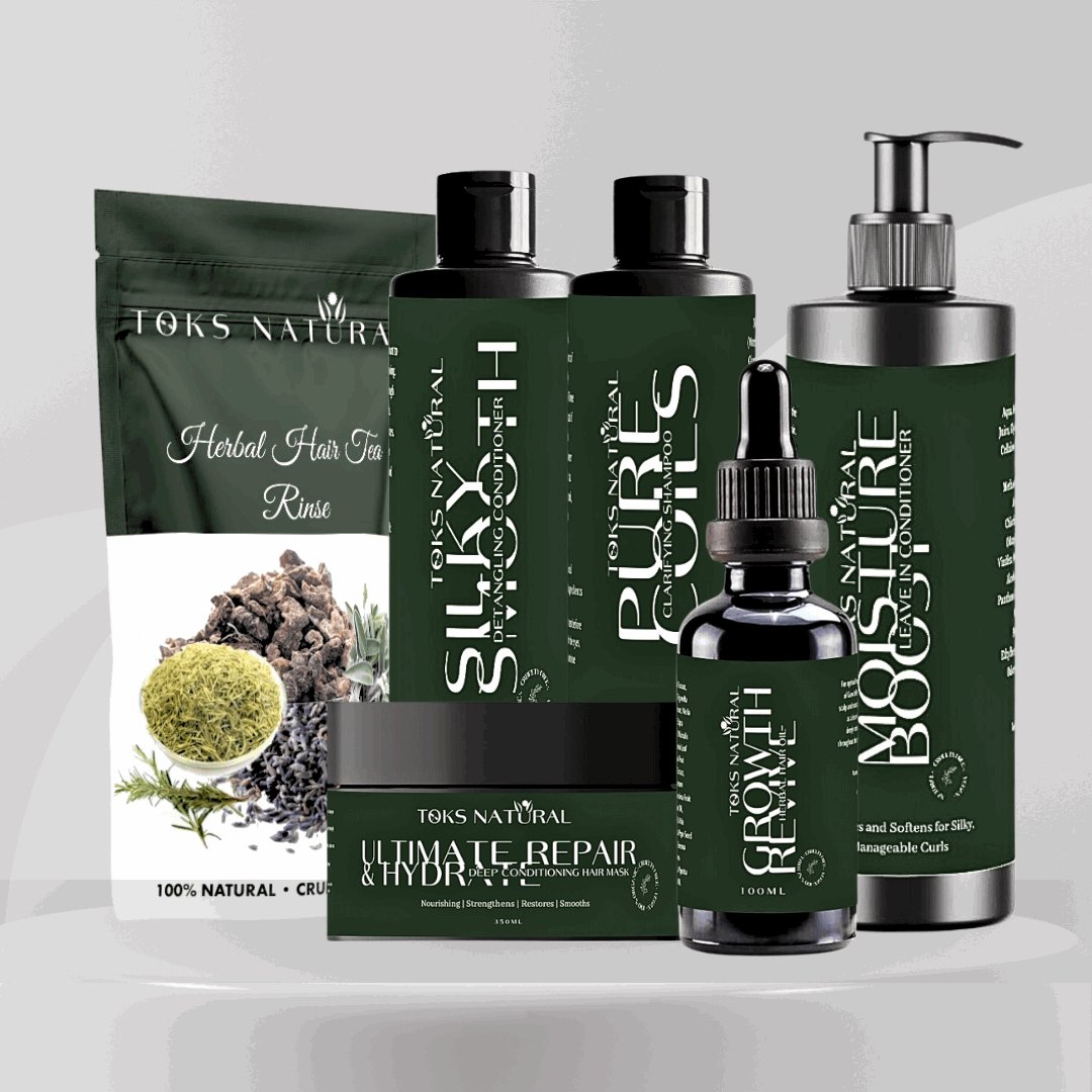 Ayurvedic hair care set with shampoo, conditioner, mask, tea rinse, and growth oil