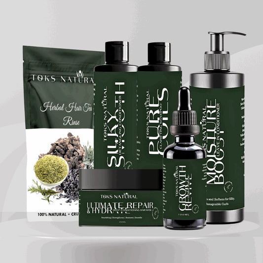 Ayurvedic hair care set with shampoo, conditioner, mask, tea rinse, and growth oil