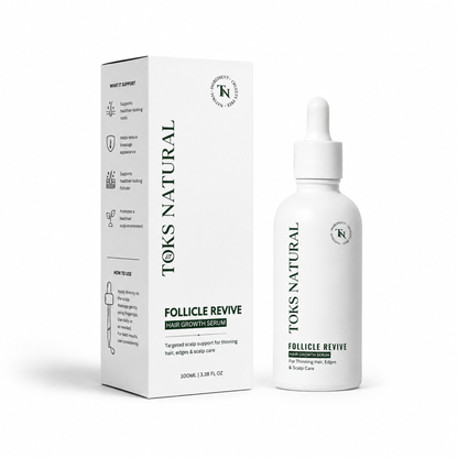 Toks Natural Follicle Revive hair growth serum bottle and packaging on a white background